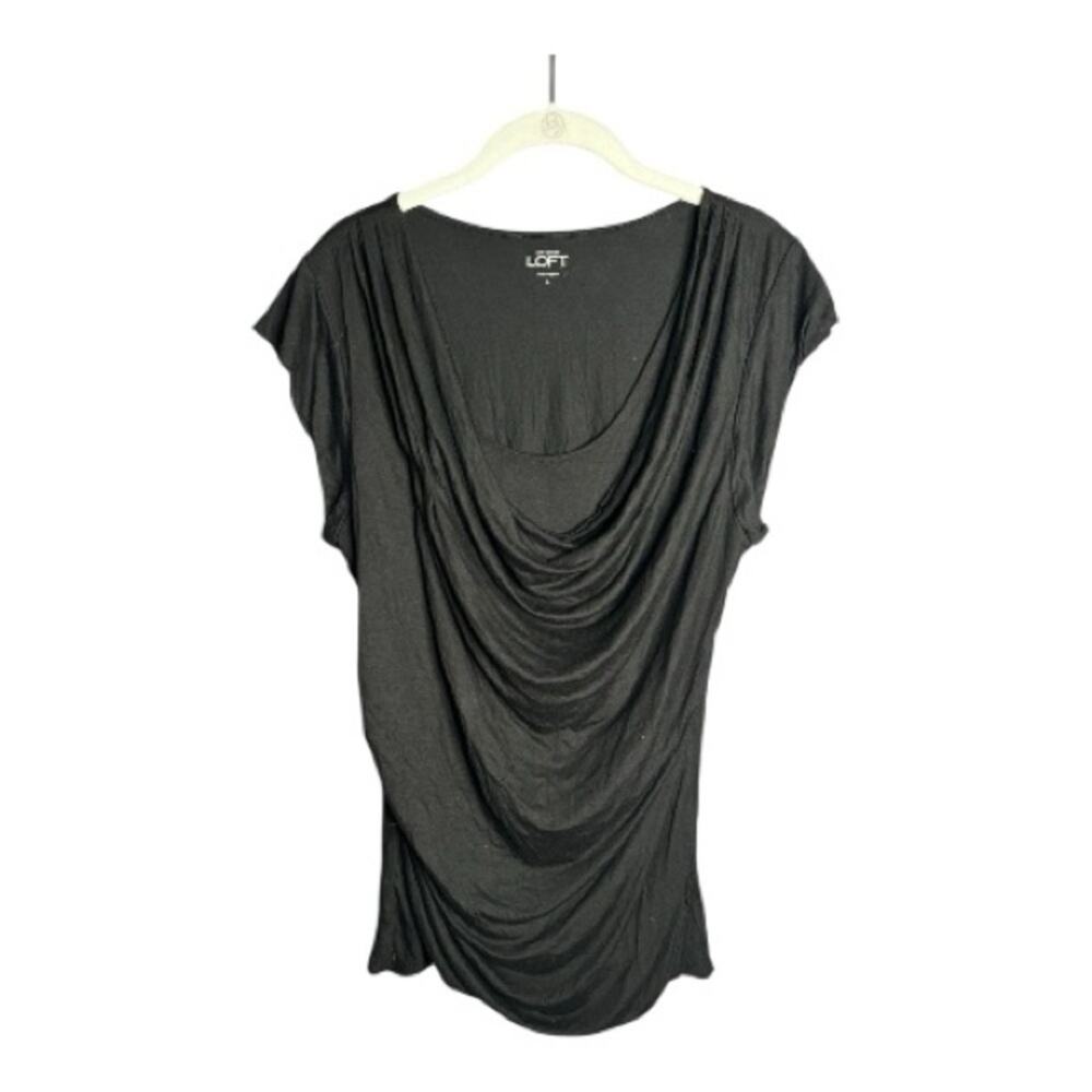 LOFT Black Short Sleeve Draped Front Top Large